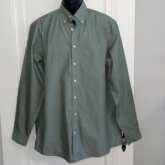Eddie Bauer green, maroon & white vertical stripe long sleeve cotton shirt - Picture 1 of 11